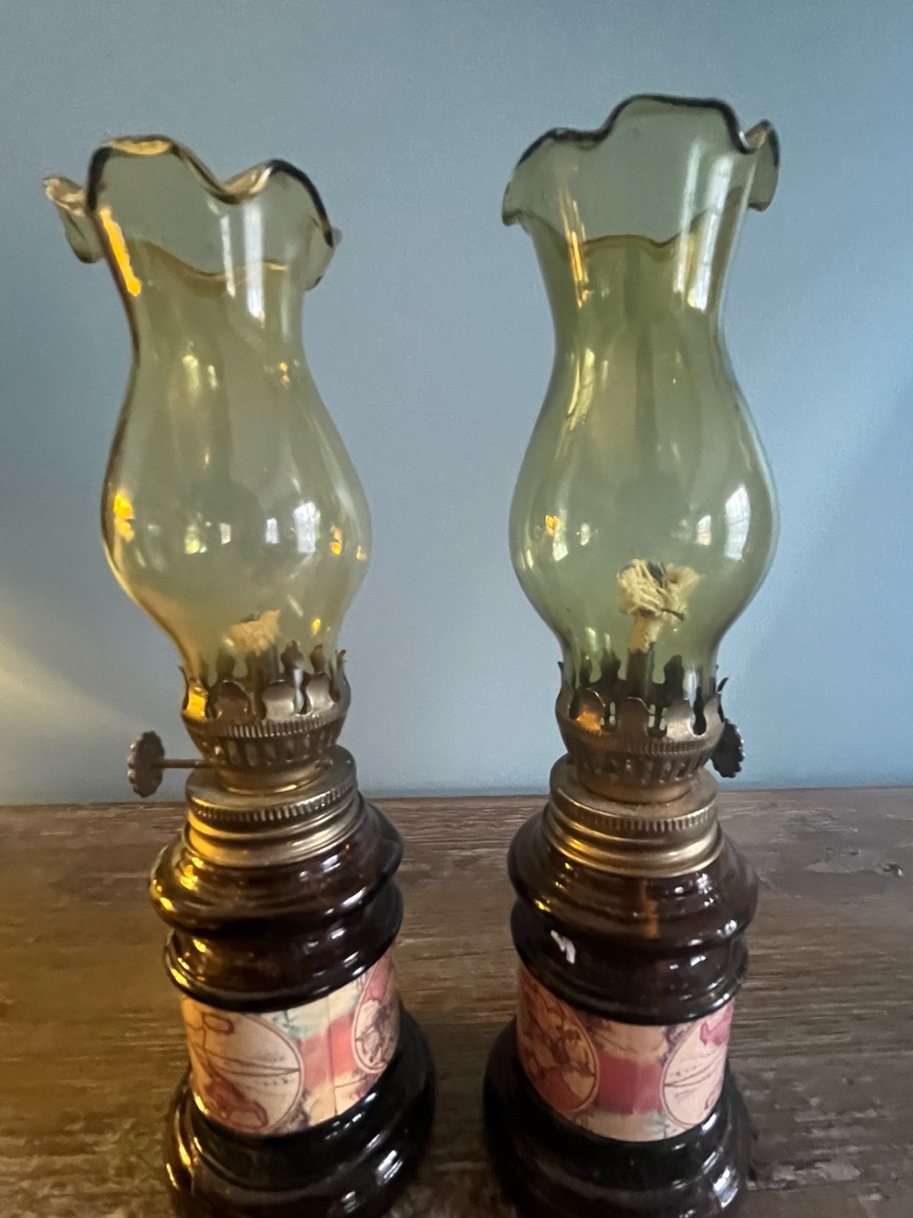 Pair Vintage Mini Oil Lamps 9” Amber Glass Chimneys World Map Decor